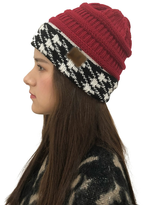 Women's Hat Beanie / Slouchy Black Wine Light Gray Outdoor Home Street Knitted Houndstooth Portable Windproof Comfort - LuckyFash™