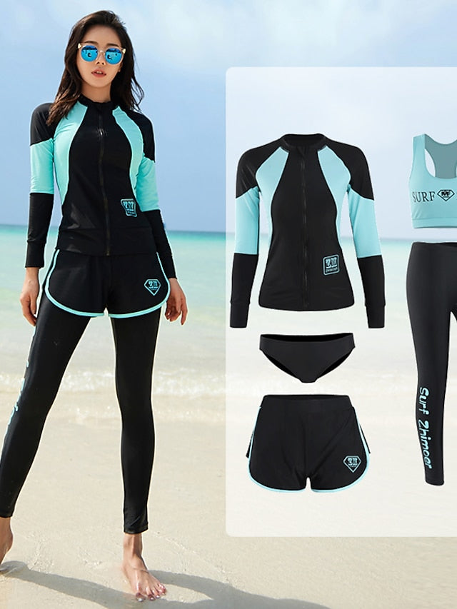 Women's Rash guard Swimsuit Burkini Waterproof UV Sun Protection Full Coverage Long Sleeve Swimwear Bathing Suit 5-Piece Swimming Diving Surfing Beach Patchwork Summer Spring Autumn - LuckyFash™