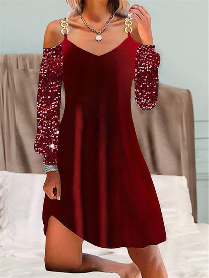 Women's Velvet Dress Sequin Dress Party Dress Velvet Sequins Patchwork Long Sleeve Mini Dress Christmas Vacation Wine Spring Winter