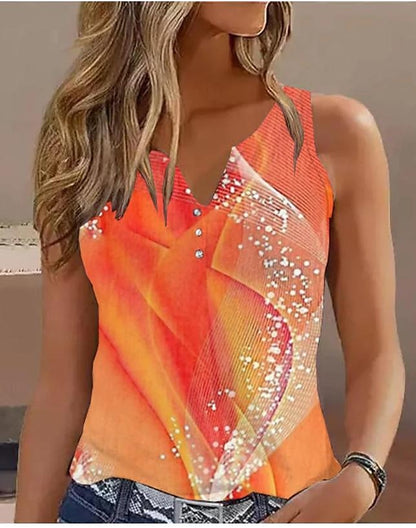 Women's Tank Top Graphic Casual Button Print Blue Sleeveless Basic Neon & Bright V Neck