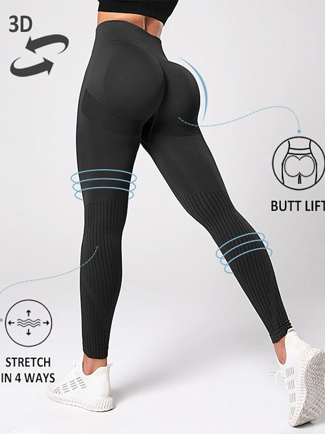 Women's Yoga Leggings Scrunch Butt Seamless Ruched Butt Lifting Tummy Control Butt Lift High Waist Yoga Fitness Gym Workout Cropped Leggings Bottoms Stripes Black Dark Green Purple Spandex Sports - LuckyFash™