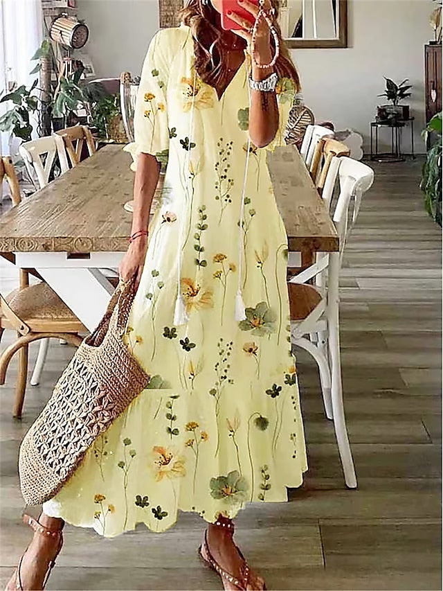 Women's Long Dress Maxi Dress Casual Dress A Line Dress Summer Dress Floral Fashion Casual Outdoor Daily Vacation Print Half Sleeve V Neck Dress Loose Fit White Yellow Summer Spring S M L XL XXL - LuckyFash™