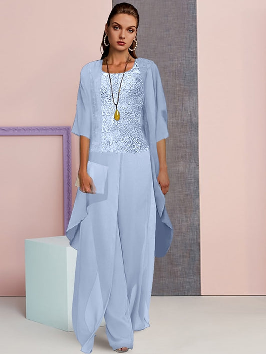 Jumpsuit / Pantsuit 3 Piece Mother of the Bride Dress Formal Wedding Guest Plus Size Elegant Scoop Neck Floor Length Chiffon Lace Sleeveless with Appliques 2023 - LuckyFash™