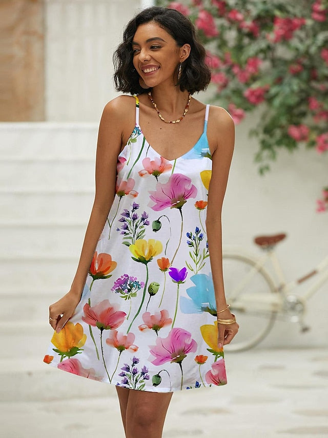 Women's Tank Dress Slip Dress Floral Print V Neck Mini Dress Daily Vacation Sleeveless Summer Spring