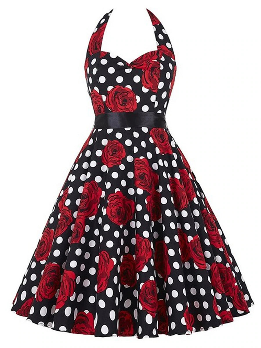 Women's Retro 1950s Vintage Tea Dresses Midi Dress Party Holiday Backless Print Floral Halter Sleeveless Regular Fit Summer Spring 2023 Black White S M L XL