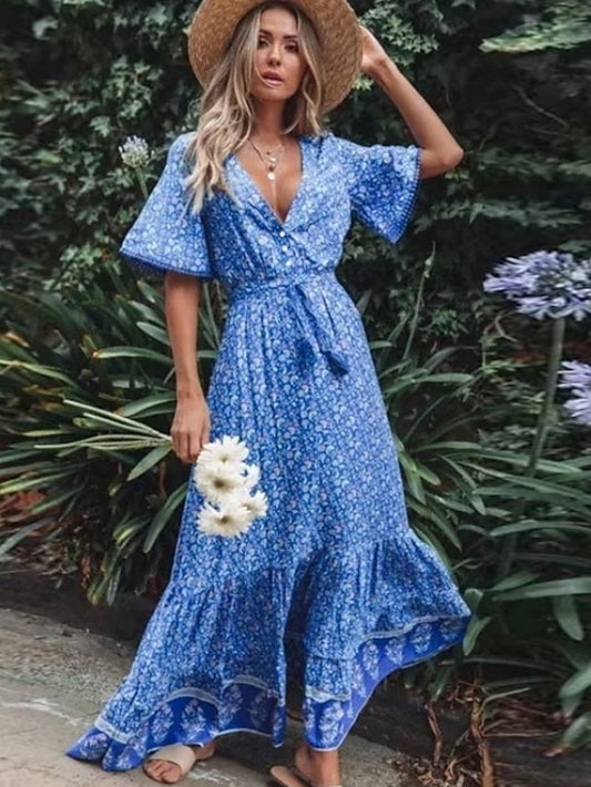 Women's Sheath Dress Maxi long Dress Blue Royal Blue Short Sleeve Floral Summer V Neck Hot Boho 2021 S M L XL XXL