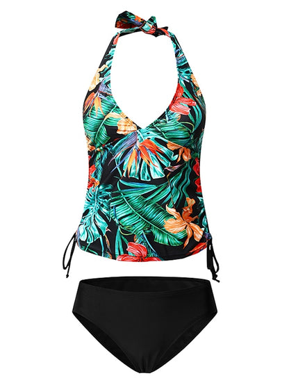 Women's Swimwear Tankini 2 Piece Normal Swimsuit High Waisted Floral Print Leaves Leaf Floral Green Blue Padded V Wire Bathing Suits Sports Vacation Sexy / New - LuckyFash™