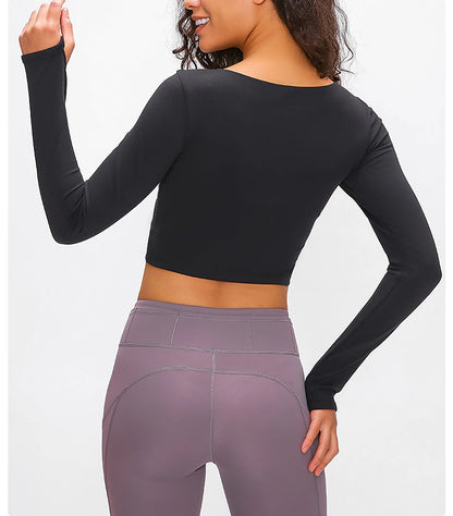 Women's Running T-Shirt Crop Top Solid Color Yoga Fitness Thumbhole Cut Out Crop Top Black White Pink Crew Neck Long Sleeve High Elasticity Spring &  Fall