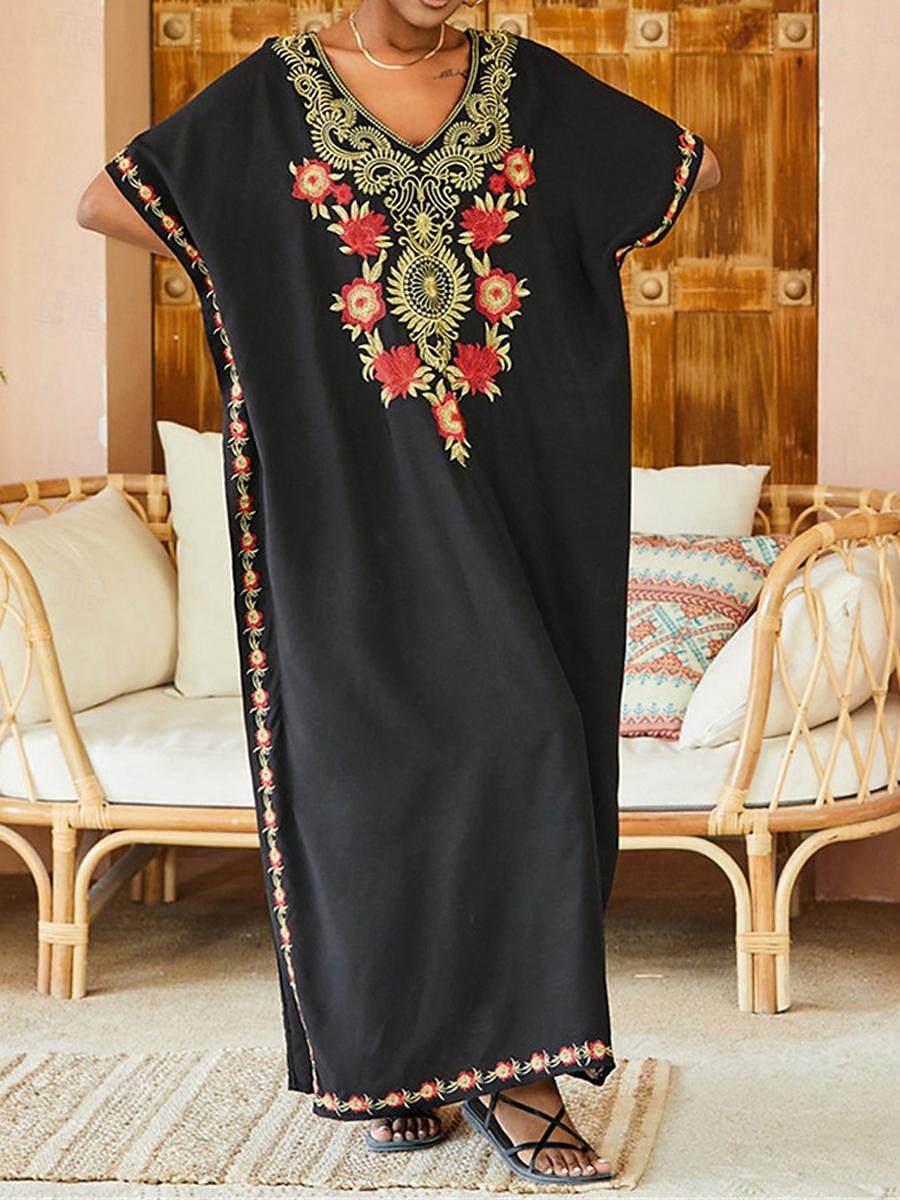 Women's White Dress Summer Dress Cover Up Long Dress Maxi Dress Embroidered Split Vacation Beach Maxi Boho V Neck Half Sleeve Black White Color