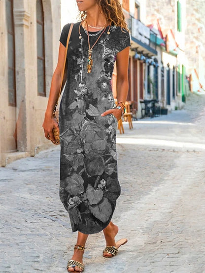 Women‘s Shift Dress Maxi long Dress Green Blue Gray Dark Blue Short Sleeve Floral Pocket Print Spring Summer Crew Neck Casual 2023 S M L XL XXL XXXL