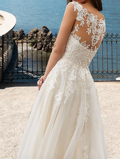 Beach Open Back Wedding Dresses A-Line V Neck Sleeveless Court Train Lace Bridal Gowns With Appliques 2023 Summer Wedding Party, Women's Clothing - LuckyFash™