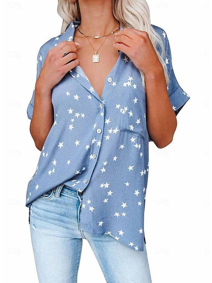 Women's Shirt Blouse Star Daily Vacation Button Print Pink Short Sleeve Casual Shirt Collar Spring & Summer