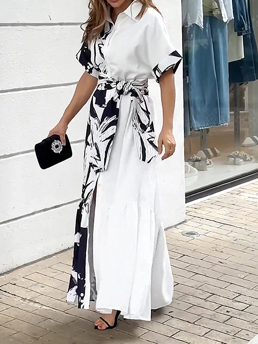 Women's Shirt Dress Floral Color Block Lace up Ruffle Shirt Collar Long Dress Maxi Dress Daily Vacation Short Sleeve Fall Winter