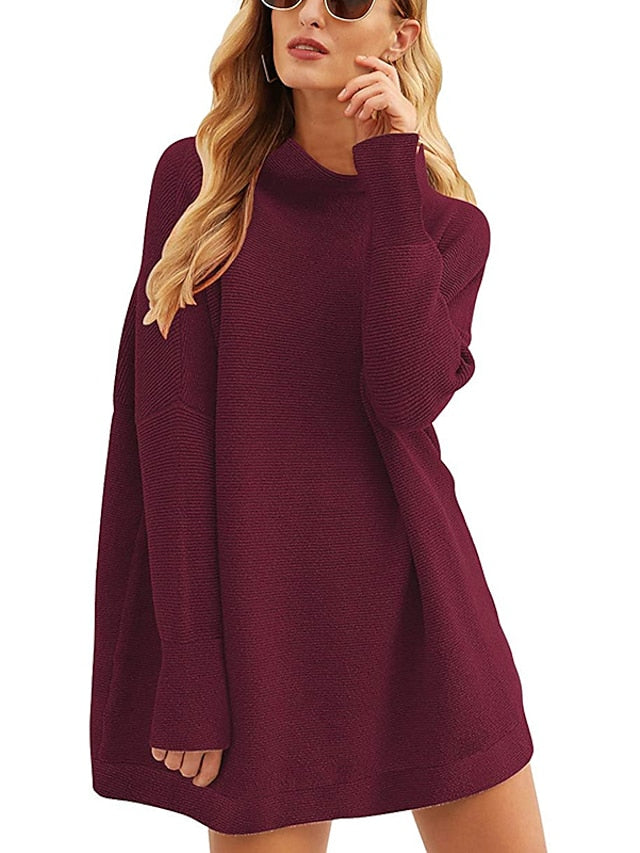 Women's Pullover Sweater Jumper Turtleneck Ribbed Knit Acrylic Patchwork Lantern Sleeve Winter Long Outdoor Stylish Elegant Casual Long Sleeve Solid Color Black White Pink S M L