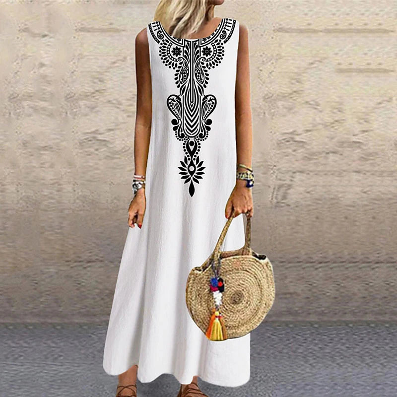 Women‘s Shift Dress Long Dress Maxi Dress Black White Sleeveless Floral Print Spring Summer Crew Neck Casual 2023 S M L XL XXL 3XL