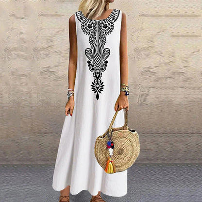 Women‘s Shift Dress Long Dress Maxi Dress Black White Sleeveless Floral Print Spring Summer Crew Neck Casual 2023 S M L XL XXL 3XL