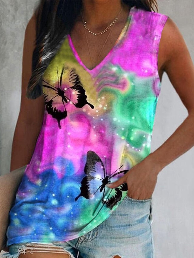 Women's Tank Top Butterfly Tie Dye Vacation Print Fuchsia Sleeveless Stylish V Neck Summer