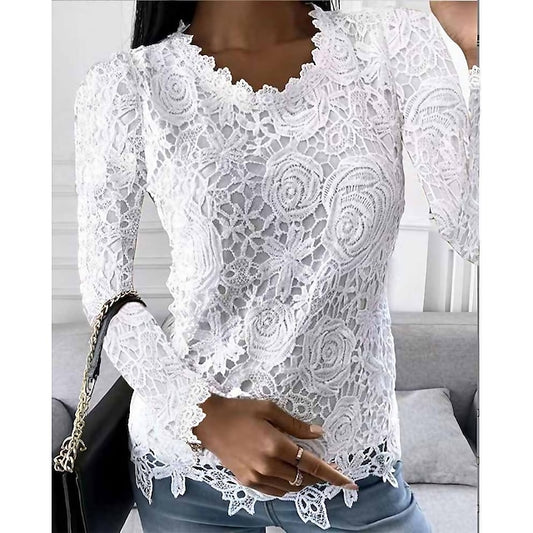 Women's Shirt Blouse White Eyelet Tops Black White Pink Plain Lace Long Sleeve Work Streetwear Casual Round Neck Regular Floral S