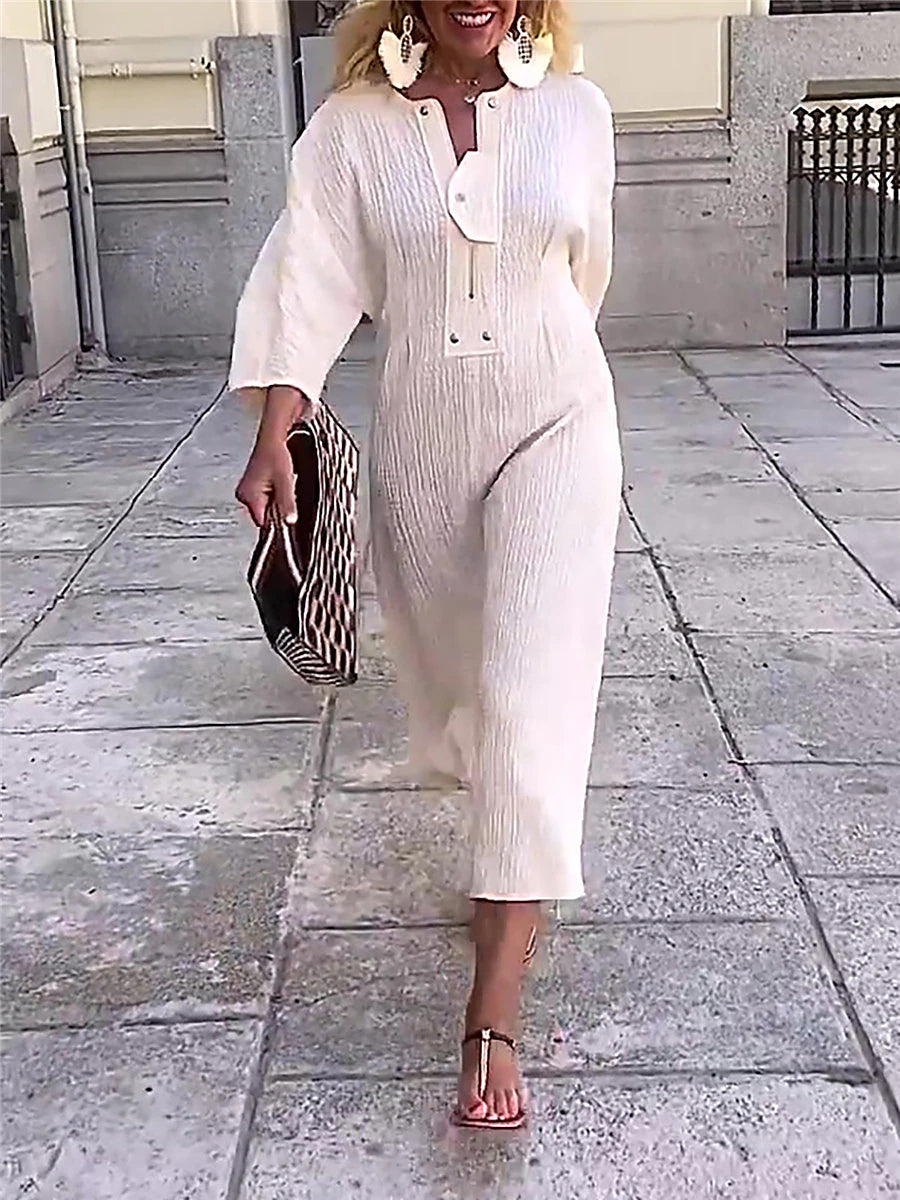 Women's White Dress Casual Dress Summer Dress Midi Dress Button Daily Date Fashion Basic Split Neck 3/4 Length Sleeve White Color