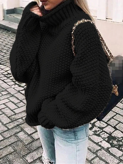 Women's Pullover Sweater Jumper Turtleneck Ribbed Knit Polyester Oversized Fall Winter Regular Daily Going out Weekend Stylish Casual Soft Long Sleeve Solid Color Black Pink Green S M L