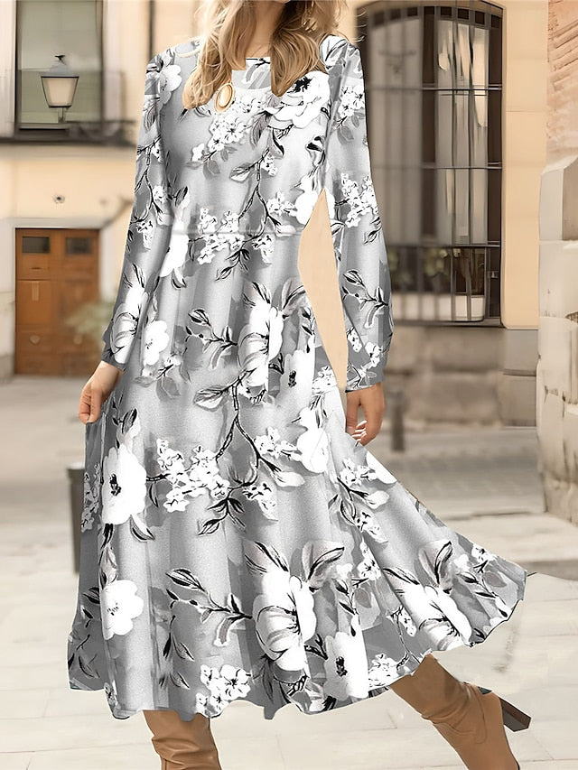 Women's Winter Dress A Line Dress Floral Print Crew Neck Midi Dress Daily Vacation Long Sleeve Fall Winter