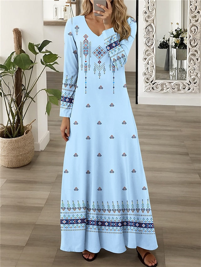 Women's Vintage Dress Casual Dress Print V Neck Long Dress Maxi Dress Vintage Ethnic Vacation Long Sleeve Spring