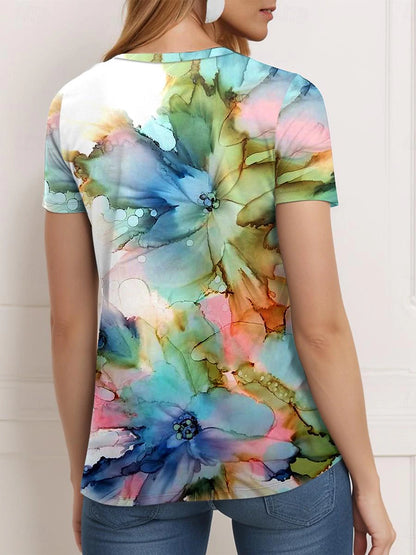 Women's T Shirt Tee Tie Dye Floral Print Blue Short Sleeve Casual Vacation Stylish V Neck Summer