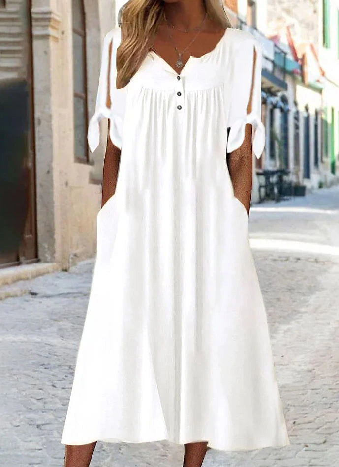 Women's White Dress Casual Dress Shift Dress V Neck Midi Dress Elegant Basic Daily Vacation Short Sleeve Summer Spring