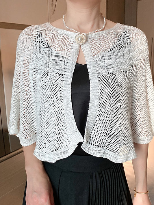 Women's Shrug Crew Neck Crochet Knit Polyester Button Hole Summer Spring Cropped Outdoor Daily Going out Shrugs Stylish Elegant Short Sleeves Solid Color Black White Yellow One-Size