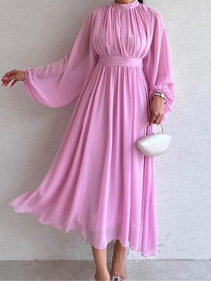 Women's White Dress Casual Dress Swing Dress Long Dress Maxi Dress Ruched Date Elegant Streetwear Stand Collar Long Sleeve Black White Pink Color