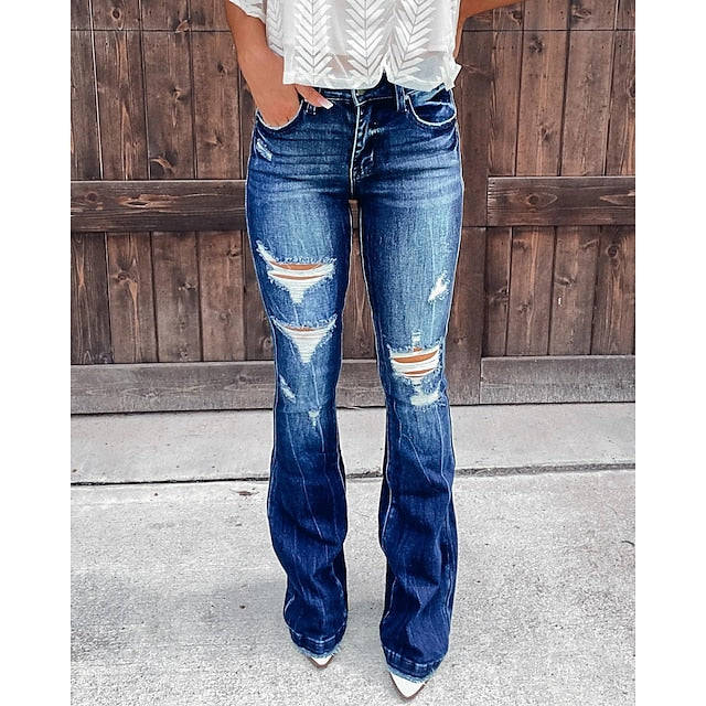 Women‘s Low Rise Jeans Bootcut Distressed Full Length Denim Side Pockets Baggy Micro-elastic High Waist Fashion Casual Work Street Blue S M Fall & Winter