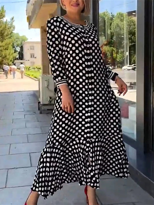 Women's Ruffle Print Crew Neck Maxi long Dress Elegant Daily Vacation Long Sleeve Summer Spring