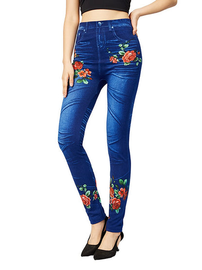 Women's Slim Polyester Floral Blue Fashion High Waist Full Length Street Causal Summer Fall