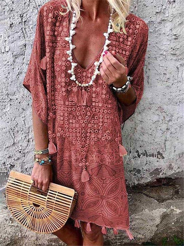 Women's Vintage Dress Casual Dress Tassel Fringe Print V Neck Mini Dress Bohemia Ethnic Vacation Half Sleeve Summer