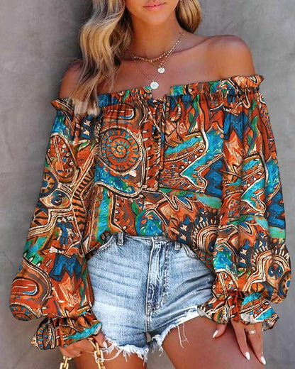 Women's Shirt Boho Shirt Lace Shirt Going Out Tops Floral Graphic Casual Holiday Lace up Ruffle Print Lantern Sleeve Red Long Sleeve Elegant Fashion Basic Off Shoulder Spring Fall