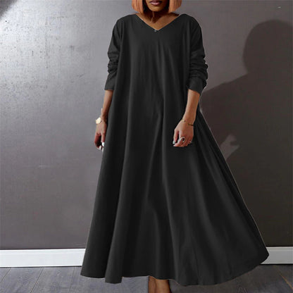 Women‘s Plus Size Curve Casual Dress Pure Color V Neck Long Sleeve Winter Fall Basic Casual Maxi long Dress Daily Vacation Dress