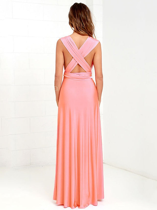 A-Line Bridesmaid Dress Halter / V Neck Sleeveless Convertible Floor Length Spandex with Sash / Ribbon / Pleats 2022 - LuckyFash™