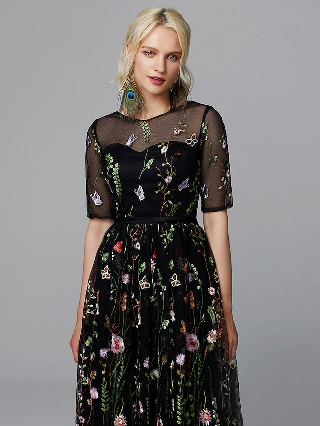 A-Line Floral Dress Holiday Tea Length Half Sleeve Illusion Neck Lace with Embroidery Appliques 2023 - LuckyFash™