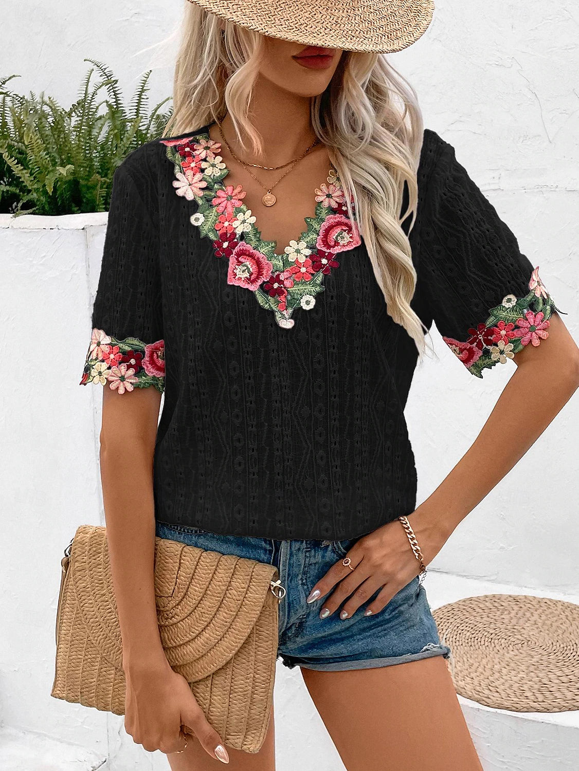 Women's Tunic Plain Daily Vacation Lace Black Short Sleeve Fashion V Neck Summer