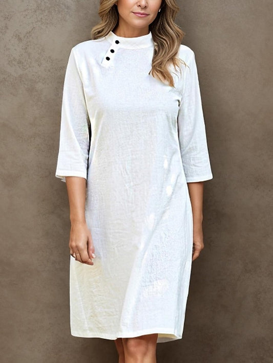 55% Linen Women's Cotton Linen Dress White Midi Dress Summer Spring Linen Casual Vintage Holiday Crew Neck Button Basic  High-end Series Regular Fit