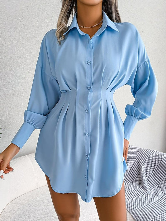 Women's Shirt Dress Plain Dress Mini Dress Button Vacation Streetwear Maxi Shirt Collar Long Sleeve White Blue Army Green Color