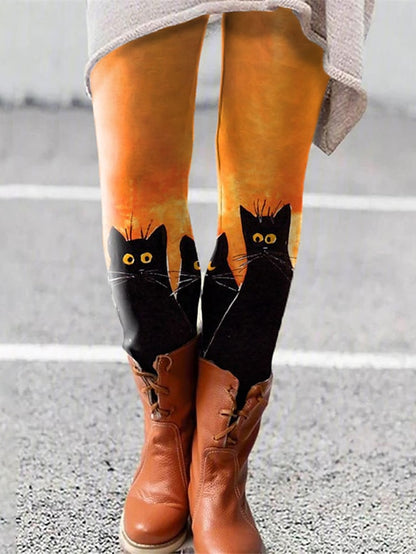 Women's Tights Normal Polyester Cat Black White Fashion High Waist Ankle-Length Yoga Halloween Summer Spring &  Fall