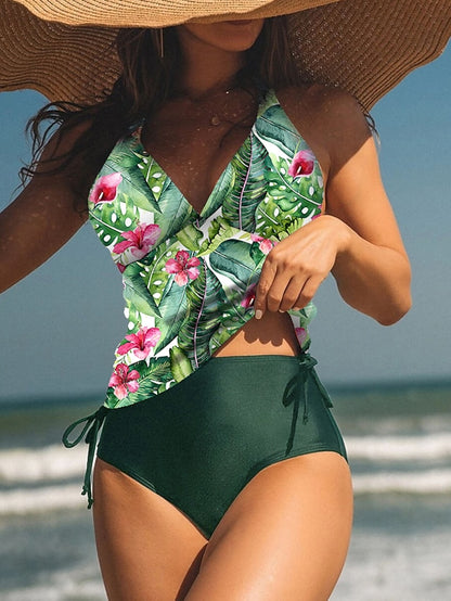 Women's Swimwear Tankini 2 Piece Normal Swimsuit High Waisted Floral Print Leaves Leaf Floral Green Blue Padded V Wire Bathing Suits Sports Vacation Sexy / New - LuckyFash™