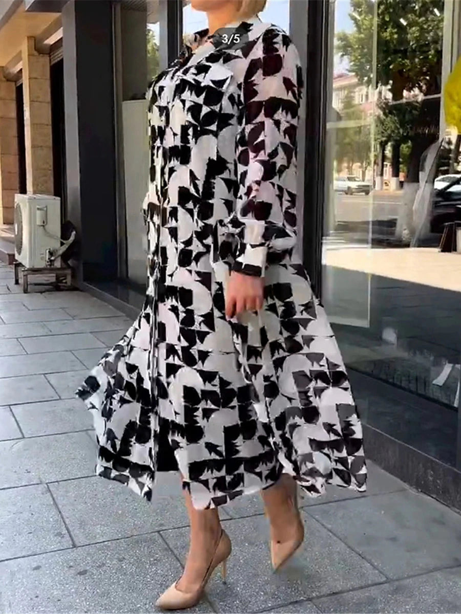 Women's Shirt Dress Casual Dress Midi Dress Outdoor Daily Vacation Polyester Fashion Modern Shirt Collar Button Pocket Long Sleeve Summer Spring Fall 2023 Loose Fit Black Geometric Color Block S M L