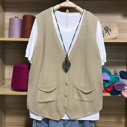 Women's Sweater Vest V Neck Knit Cotton Blend Pocket Knitted Spring Fall Daily Basic Casual Sleeveless Solid Color Black Brown khaki S M L