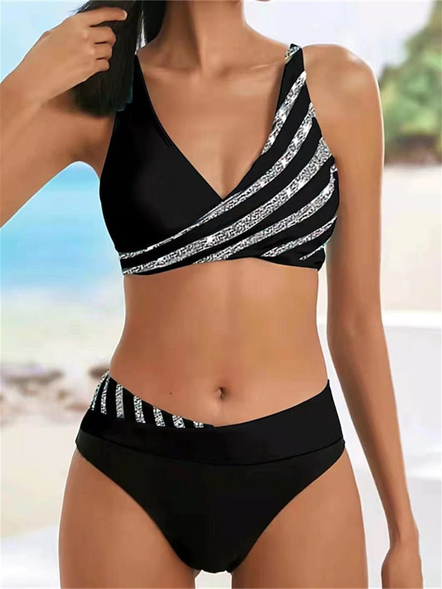 Women's Swimwear Bikini 2 Piece Normal Swimsuit Backless Push Up Printing Striped Leaf Green Black Purple Light Green Wine V Wire Bathing Suits New Stylish Vacation / Sexy / Modern / Padded Bras - LuckyFash™