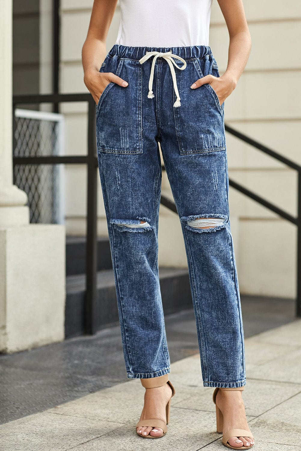 Gather Around in Dark Blue Distressed Denim Joggers with Pockets