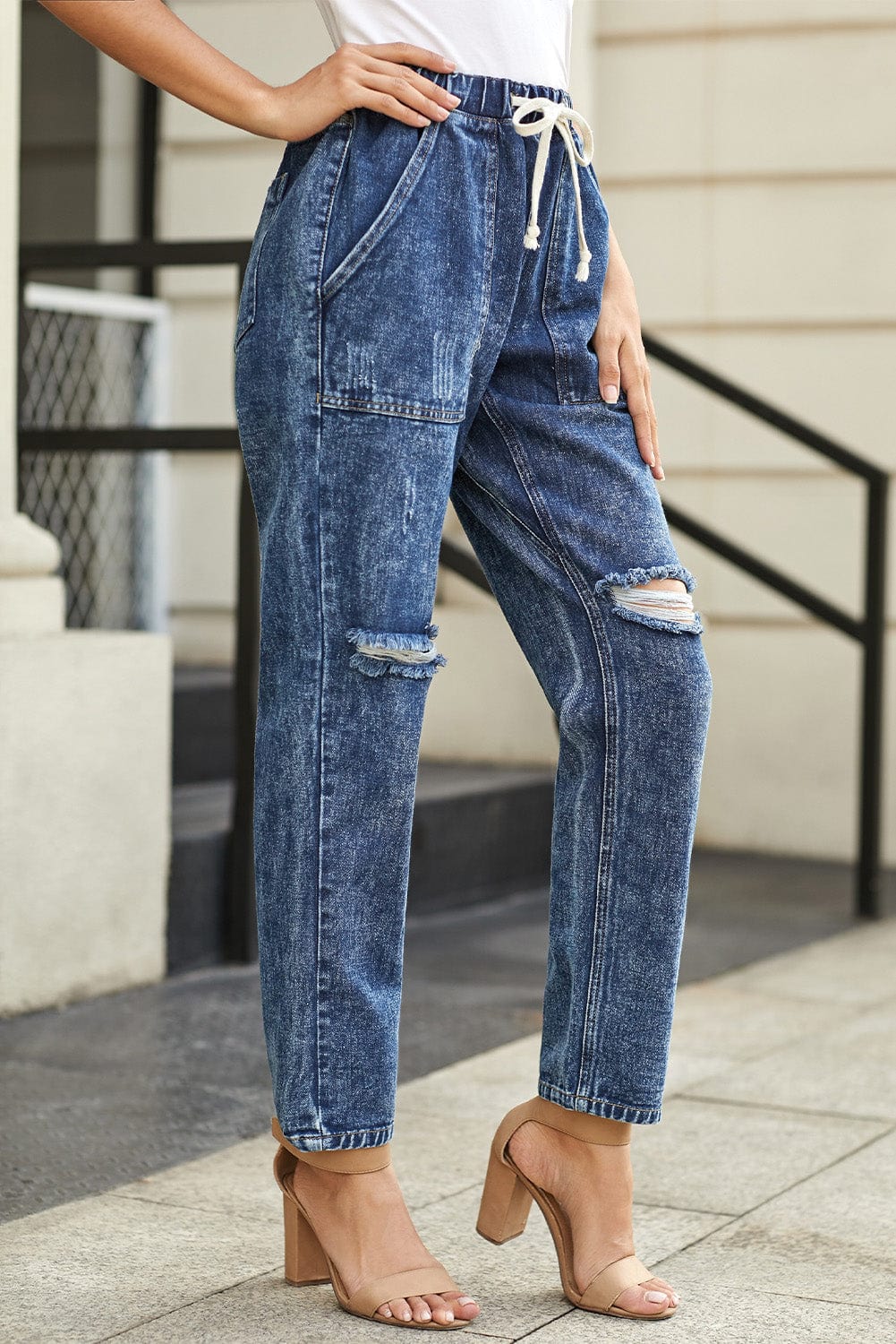 Gather Around in Dark Blue Distressed Denim Joggers with Pockets