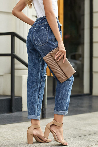 Gather Around in Dark Blue Distressed Denim Joggers with Pockets