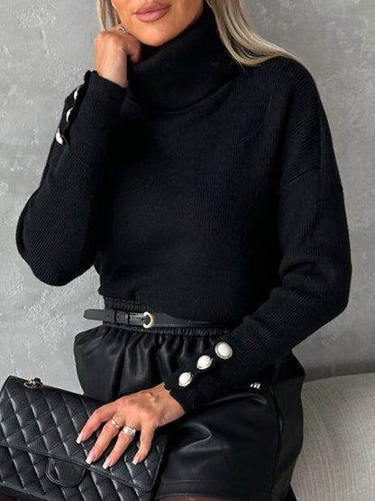 Women's Pullover Sweater Jumper Turtleneck Ribbed Knit Polyester Button Knitted Fall Winter Regular Outdoor Daily Going out Stylish Casual Soft Long Sleeve Solid Color Black White Army Green S M L